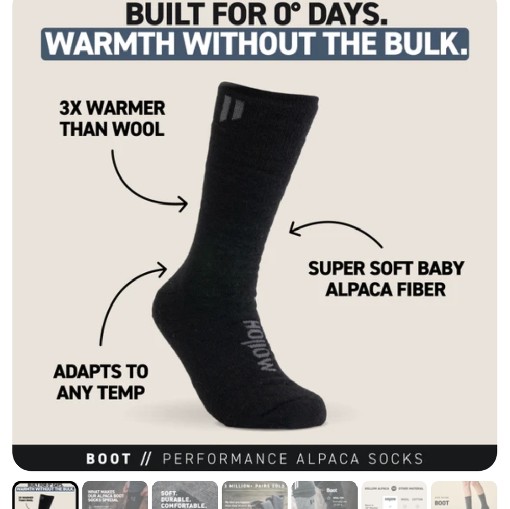 Hollow Black Performance Alpaca Boot Socks Crew